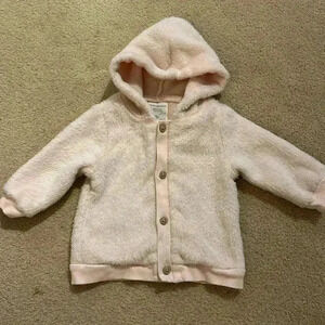 First Impressions - pink fuzzy fleece hooded jacket. Size 6 to 9 months